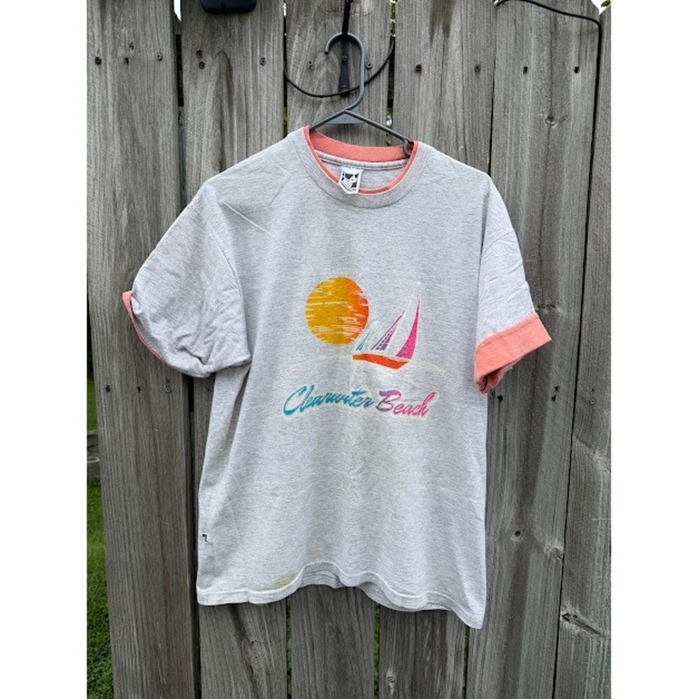 Vintage 80s 90s LA Sportswear Clearwater Beach T-Shirt Large Gray Ringer Tee